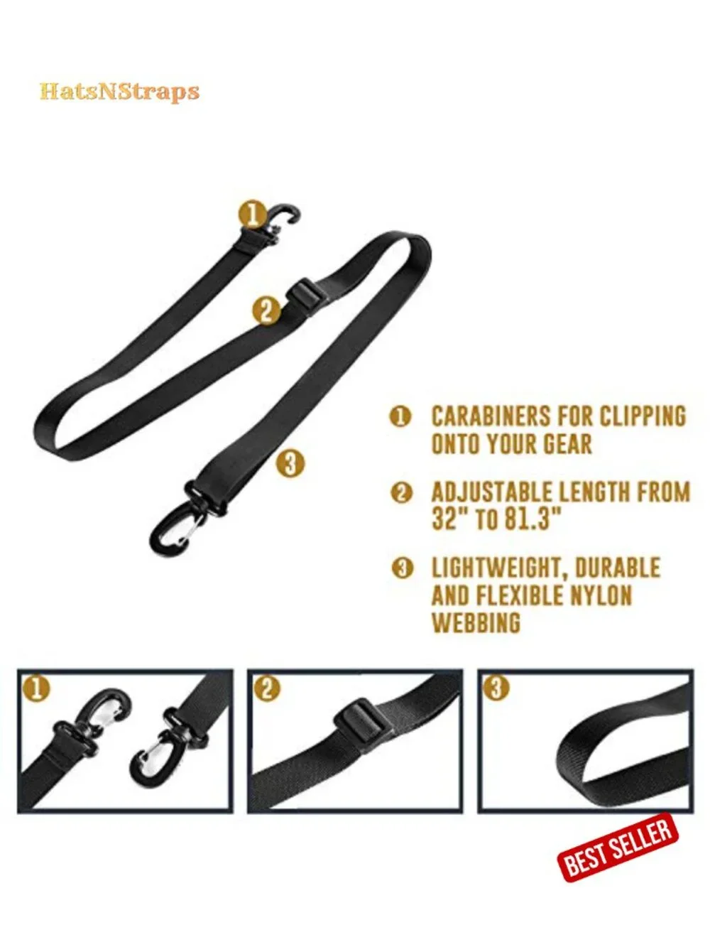 Adjustable Shoulder Strap Replacement with Carabiner Clips, Nylon